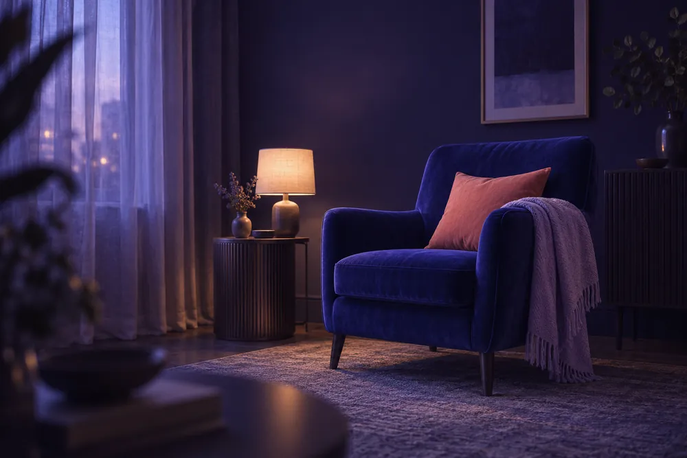 Cabinet de séance vide : fauteuil de velours indigo, plaid lavande, lampe allumée, rideau voilé