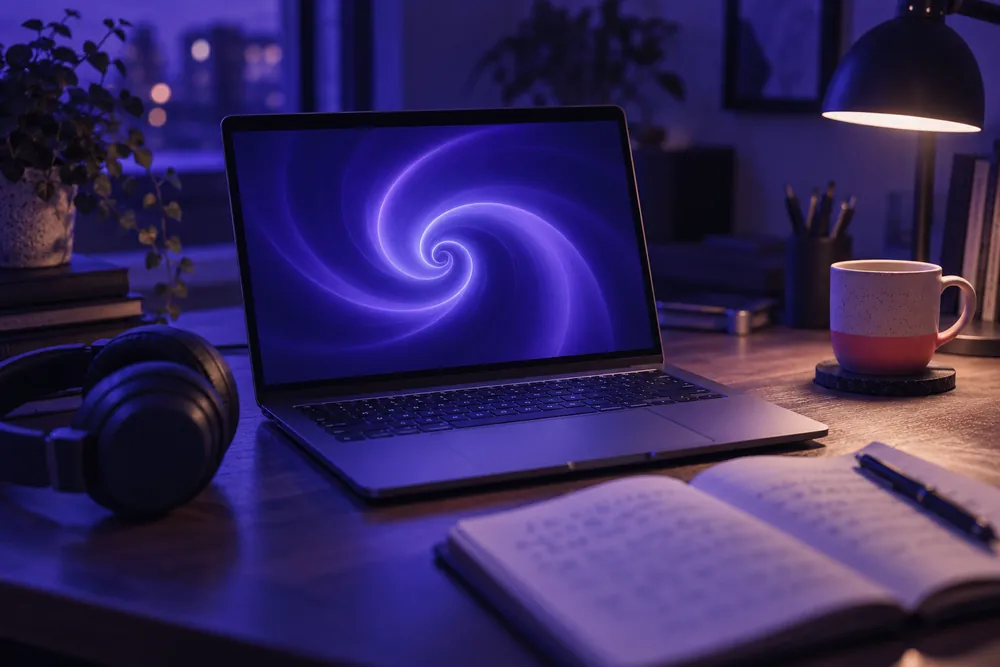 Poste de travail le soir : ordinateur portable ouvert sur une spirale lumineuse, casque audio, carnet et tasse